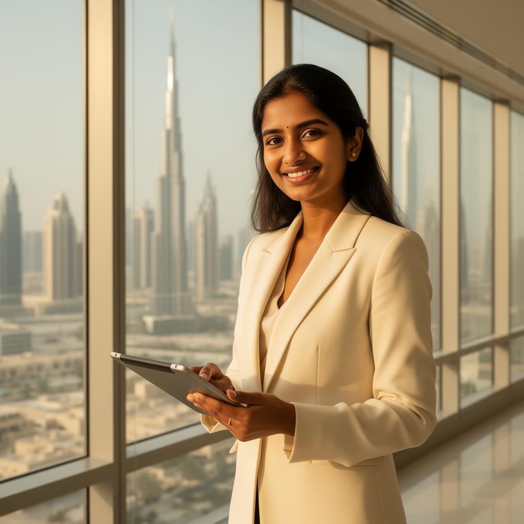 Young professional with tablet overlooking Dubai skyline